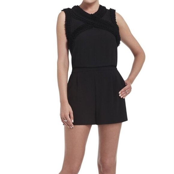 BCBGMaxAzria Pants - BCBGMaxAzria black Lexxi sleeveless ruffle-trim romper